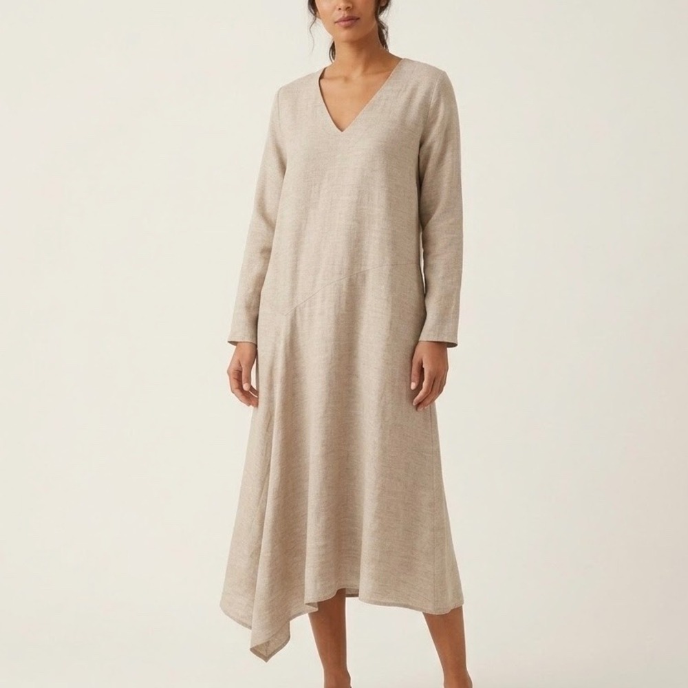 Massimo Dutti Beige Wool Blend V-Neck Asymmetrical Waist Midi Dress Size Medium